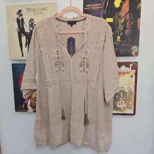 Beige Embroidered Boho Tunic Top